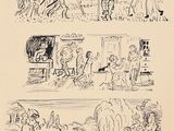 drawing of a group of people in a park with a dog and a horse