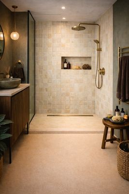 une grande salle de bains avec une douche à l'italienne à côté d'un lavabo