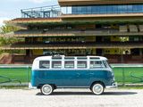 a blue and white van parked in front of a building