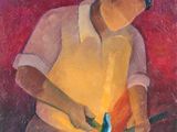an oil painting of a man working with a hammer on an anvil