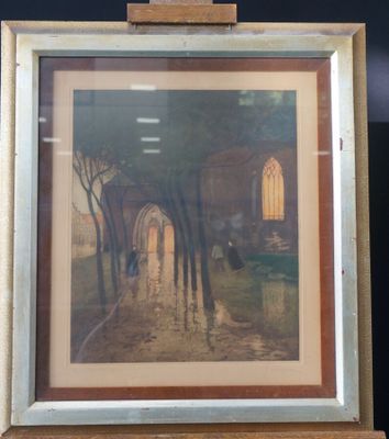 painting of a man walking down a street with a horse in the background