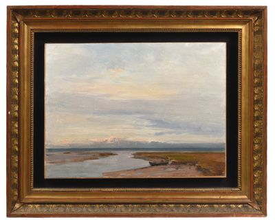 a painting of a landscape with a boat in the water