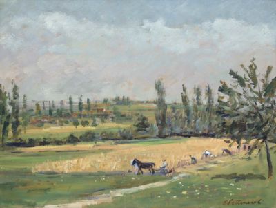 a painting of horses in a field with trees in the background