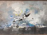 peinture représentant un tableau d'un château sur une colline, avec la pleine lune en arrière-plan