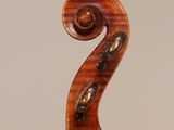 a close up of the back of a violin with a fiddle in the foreground