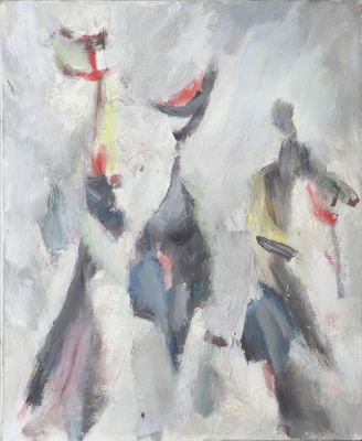 abstract painting of two figures in a white room with a red cross painted on the wall