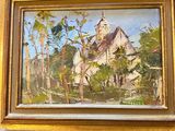an oil painting of a church in a wooded setting