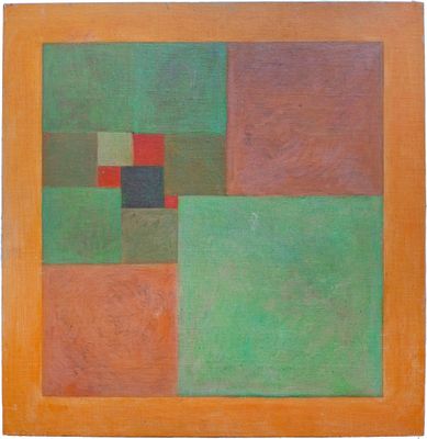 une peinture représentant un carré vert, rouge et marron sur fond blanc