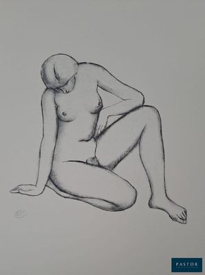 a drawing of a female nude sitting on the ground