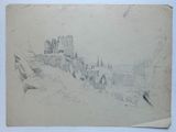 dessin au crayon représentant un château sur une colline, avec une rivière au premier plan