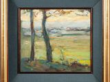 une peinture à l'huile représentant deux arbres dans un champ, avec le ciel en arrière-plan