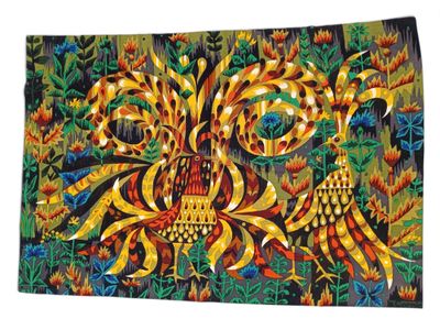 an image of a colorful tapestry with birds and flowers on it