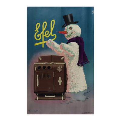 painting of a snowman in a top hat and scarf holding a sign