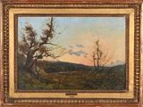 an oil painting of a landscape with trees and hills in the background