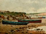 two boats that are sitting on the sand by the water