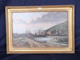 tableau représentant une vue d'un port avec des bateaux et des bâtiments