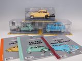 four different models of cars in a display case