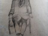 dessin au crayon représentant un homme assis sur une chaise, coiffé d'un chapeau