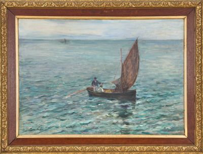 an oil painting of a man in a boat on the water