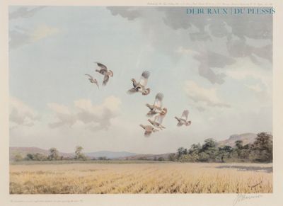 tableau représentant une volée d'oiseaux survolant un champ de blé