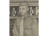 pencil drawing of a man in a shirt and tie standing in front of a brick wall