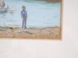 a painting of a man standing on a beach next to a boat