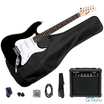 an electric guitar with a case, amp and accessories for it