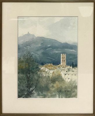 aquarelle encadrée représentant un village de montagne avec une tour horloge