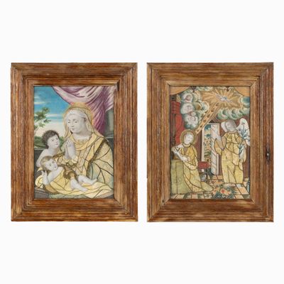 two paintings of a woman holding a baby and a man holding a child