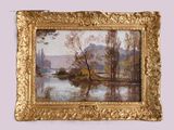 l'image d'une peinture représentant une rivière avec des arbres en arrière-plan