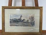 peinture sur chevalet représentant un paysage avec une église au loin