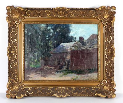 une peinture à l'huile représentant une scène de ferme avec une grange en arrière-plan