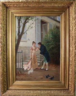 tableau représentant un homme embrassant une femme devant une maison