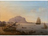 une peinture à l'huile représentant une scène de port avec des bateaux sur l'eau et une montagne au loin
