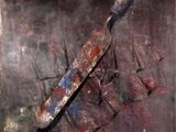 a painting of a baseball bat on the ground