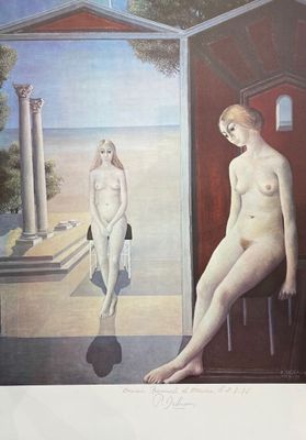 a painting of a woman sitting on a chair in front of a building