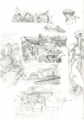 esquisses d'un dessin représentant un homme et une femme sur une plage