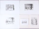 quatre dessins d'arbres alignés sur une surface blanche