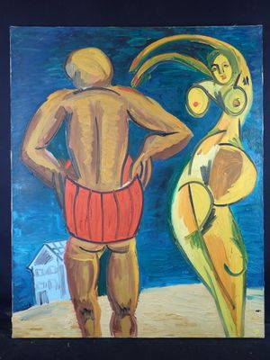 a painting of a man standing next to a woman on the beach