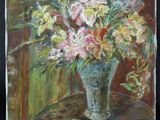 a painting of flowers in a vase on a table
