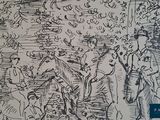a black and white drawing of a group of people riding horses
