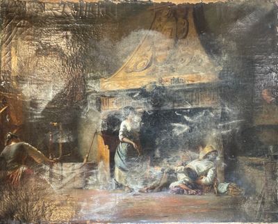 a painting of a group of people sitting around a fire place