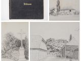 quatre dessins représentant une maison, une grange, une église et une église