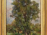 une peinture à l'huile représentant un arbre dans un champ, avec un sentier