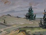 a painting of a dirt road in the middle of a field