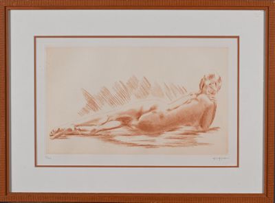 dessin représentant une femme nue allongée sur le dos dans un cadre en bois