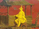 a painting of a man sitting on a bench