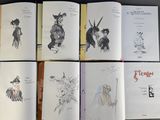 several pages of a book with drawings of characters on them