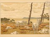 a picture of a painting of a herd of cattle in a field