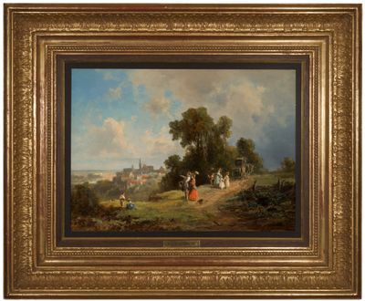 un tableau représentant un paysage avec un village au loin